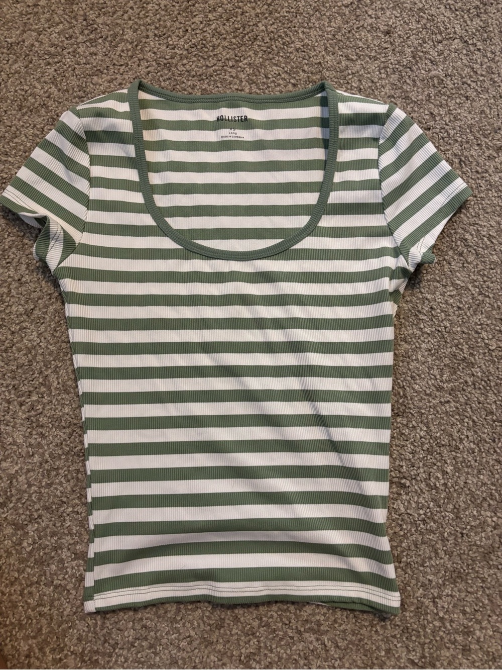 Hollister Olive Green & White Striped Scoop Neck Tee